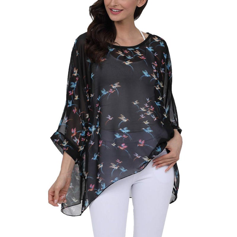Ckikiou Plus Size Batwing Flowy Semi Sheer Chiffon Blouse Tunic for Women Summer Floral Print Boho Beach Cover ups - Image 2